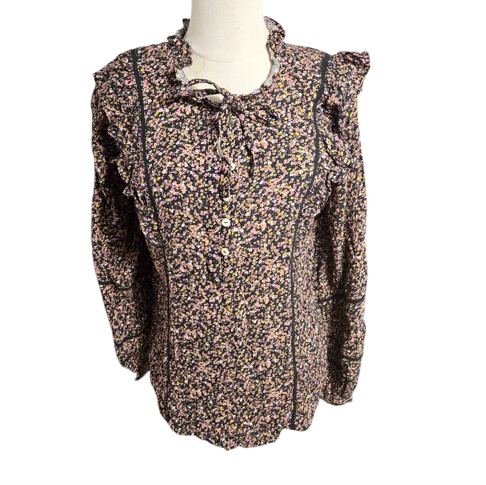 Fat Face Black Floral Ruffled Tie Neck Shirt
